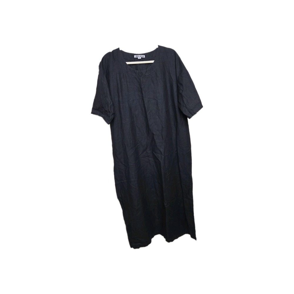 BECASA 100% Linen Black Lagenlook Box Dress Tunic Kaftan Side Slits USA Size M